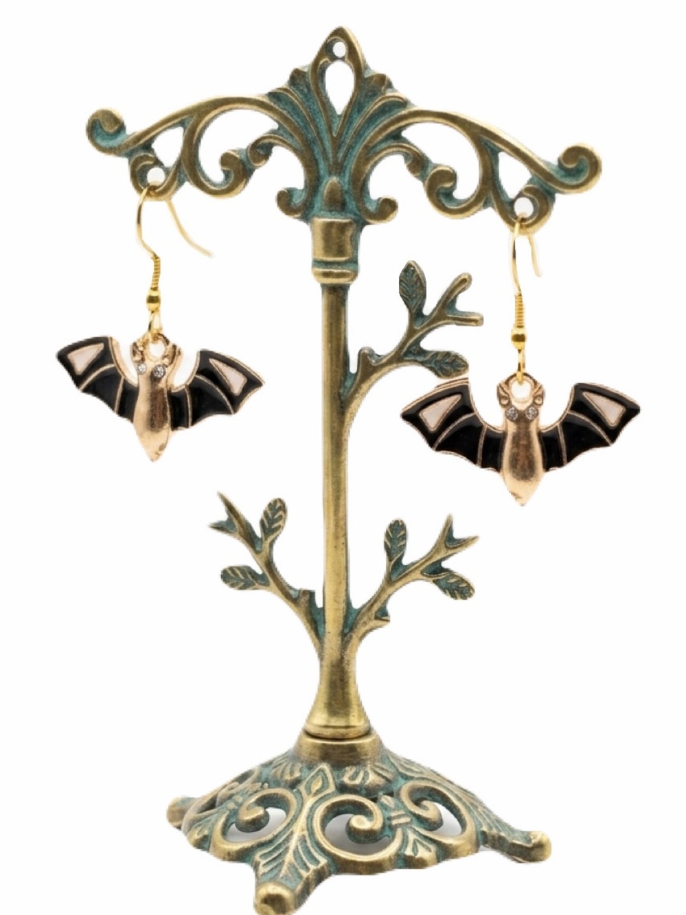 New Woman’s Handmade Gold & Enamel Halloween Flying Bat Dangle Earrings